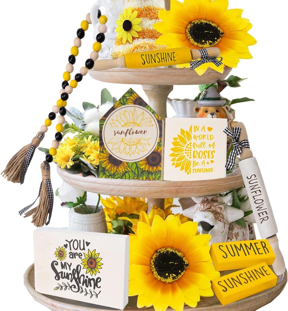 10-Pieces Sunflower Tiered Tray Decor Set - Farmhouse Home Gift